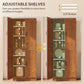 Teak kitchen pantry cabinet with adjustable shelves, open doors showing different shelf heights
