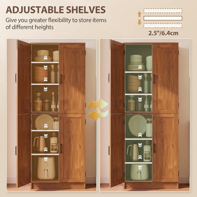 Teak kitchen pantry cabinet with adjustable shelves, open doors showing different shelf heights