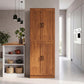 Teak freestanding kitchen pantry cabinet with 4 doors and black handles, closed in kitchen