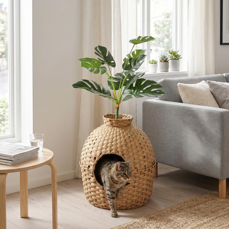 Woven rattan-style cat litter box enclosure with faux plant and side opening, cat inside