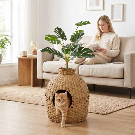 Rattan-style cat litter box enclosure with faux plant top and arched side entrance
