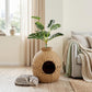 Rattan-style cat litter box with faux plant, round doorway, and gray cat resting nearby