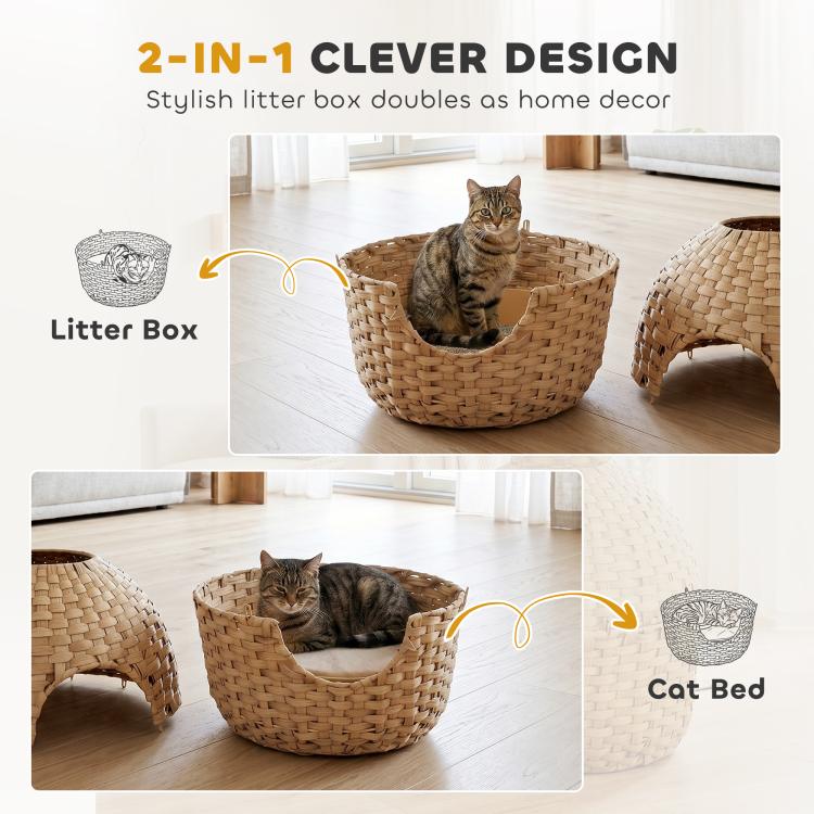 Woven rattan cat litter box enclosure with faux plant, showing two seating openings