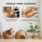 Cat litter box enclosure with removable pan opening and woven rattan base