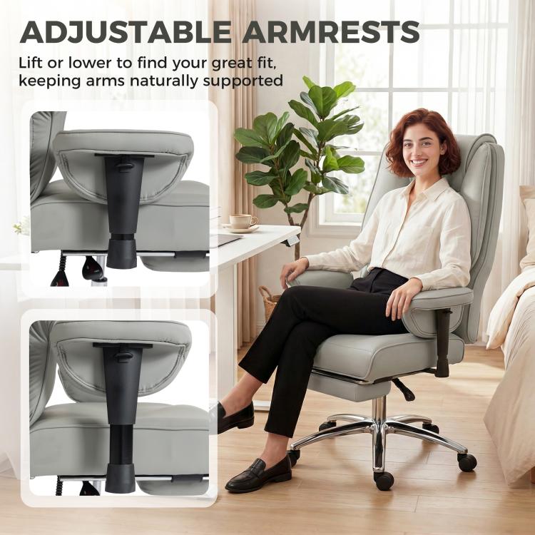 Light gray office chair featuring adjustable padded armrests and high-back padding