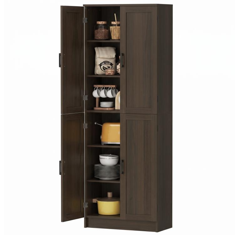 Freestanding brown pantry cabinet with two doors open, showing stacked adjustable shelves