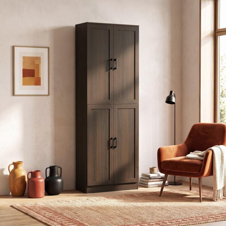 Freestanding kitchen pantry cabinet with four doors and brown wood finish