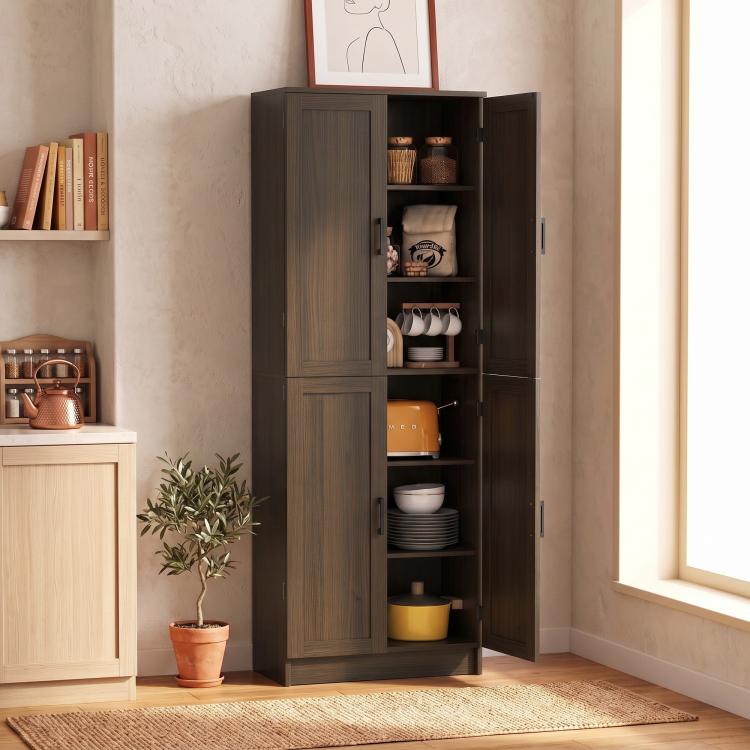 Brown freestanding pantry cabinet with four doors open, revealing interior shelves