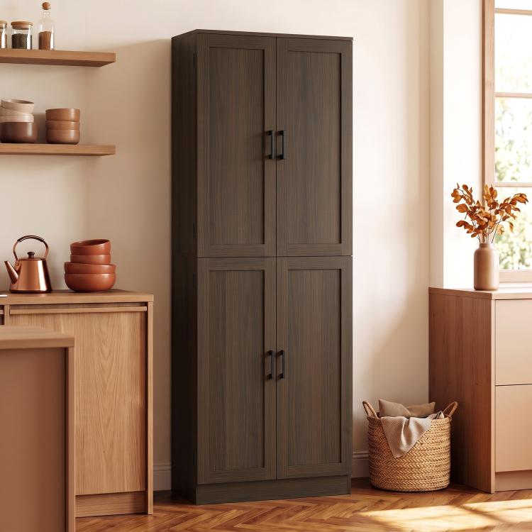 Brown freestanding pantry cabinet with four doors and dark metal handles