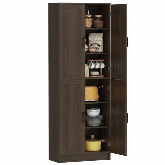 Freestanding brown kitchen pantry cabinet with four doors and open shelves