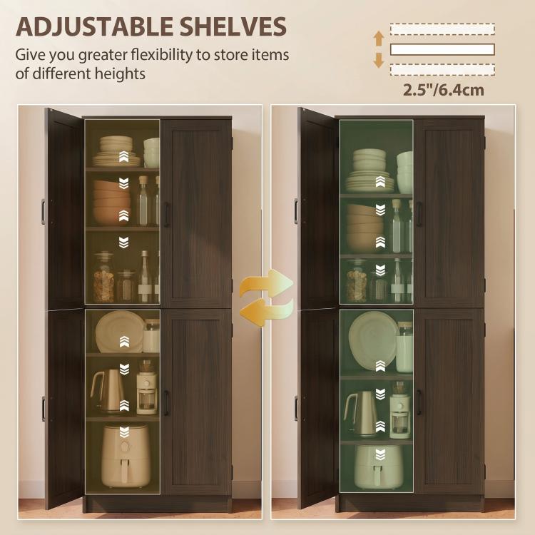 Brown pantry cabinet with adjustable shelves; doors open showing multiple shelf heights