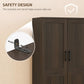 Brown cabinet with two doors and anti-tip hardware detail near metal handles