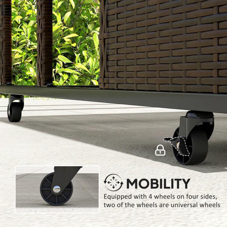 Rattan storage organizer on four rolling casters with wheel detail