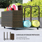 Mixed brown rattan pool float storage organizer on wheels with folded float rolls inside