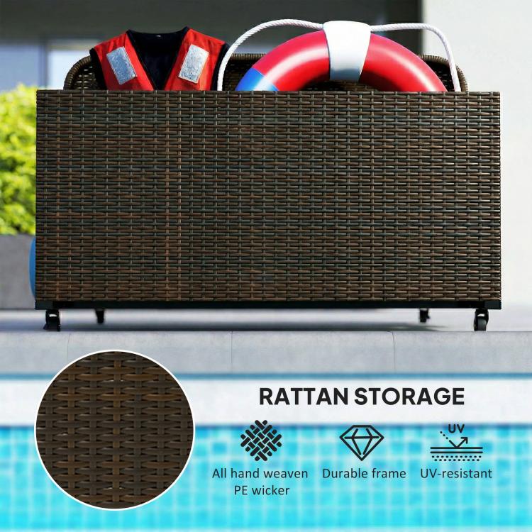 Mixed brown rattan storage bin on wheels holding pool float tubes