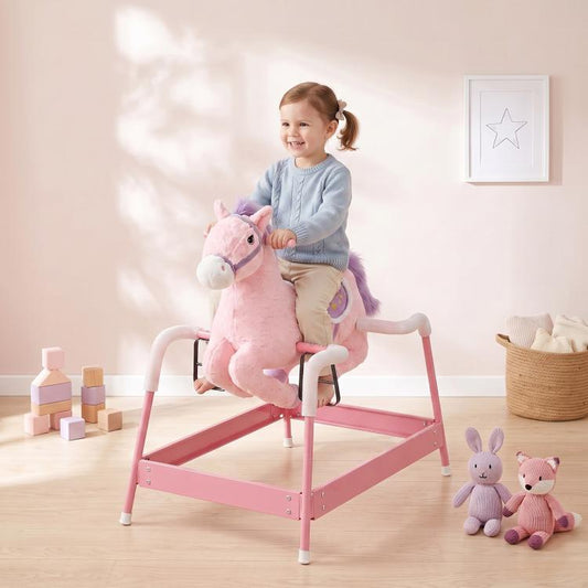 Kids pink plush rocking horse ride-on with curved white hand grips and seat