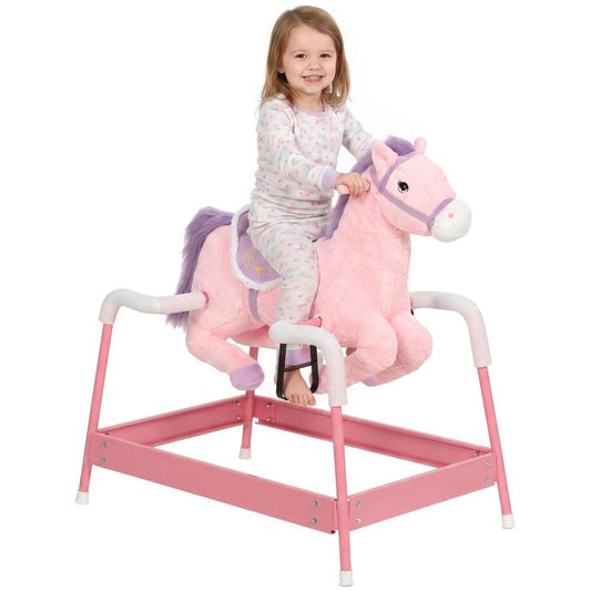 Pink plush rocking horse ride-on with white handles and padded seat for kids