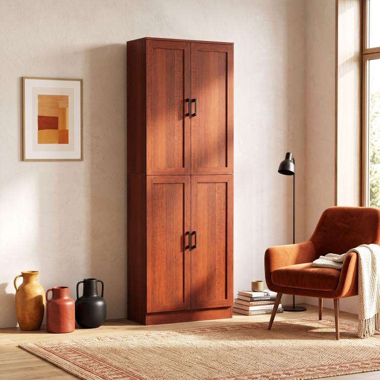 Dark brown pantry cabinet with four doors and adjustable shelves