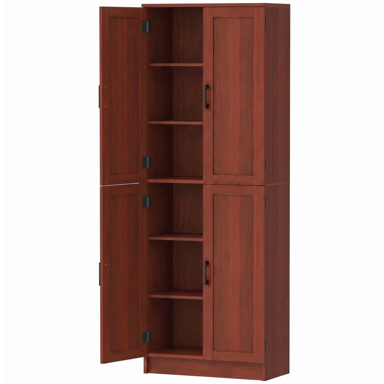 Pantry cabinet with open shelves, adjustable interior, and hinged doors