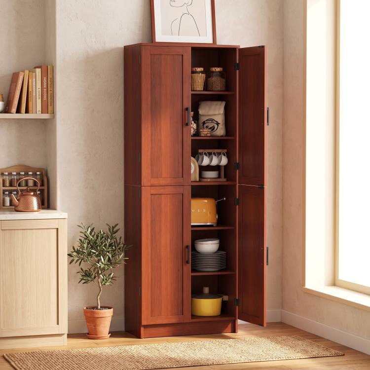 Freestanding dark brown kitchen pantry cabinet with open doors and interior shelves