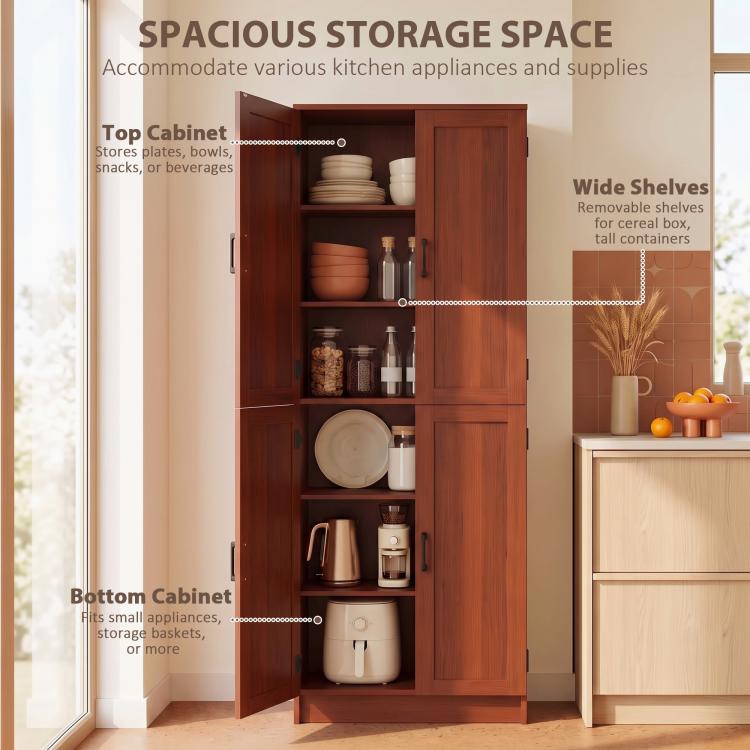 Dark brown pantry cabinet with open doors, top and bottom shelves, and interior storage