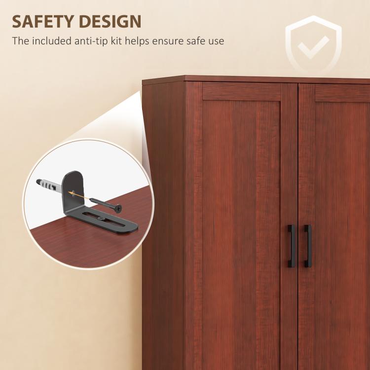 Dark brown kitchen pantry cabinet with two hinged doors and black bar handles