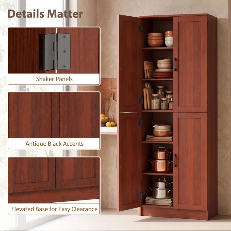Dark brown pantry cabinet with shaker-style panels, antique black accents, and open storage