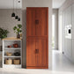 Dark brown freestanding kitchen pantry cabinet with four doors and black bar handles