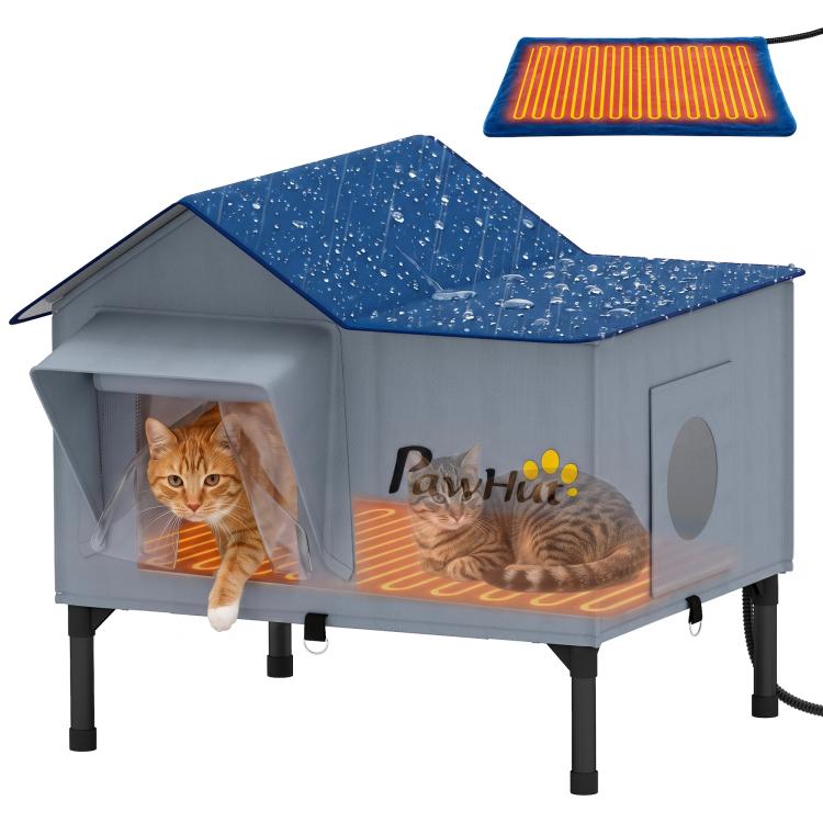 Heated cat house with blue roof, elevated legs, and front window entrance