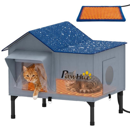 Heated cat house with blue roof, elevated legs, and front window entrance