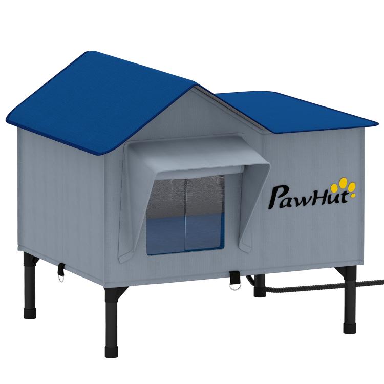 Elevated cat house with gray body, blue roof panels, and front enclosed doorway