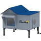 Heated cat house with PawHut logo, gray walls, blue roof, circular side window, legs