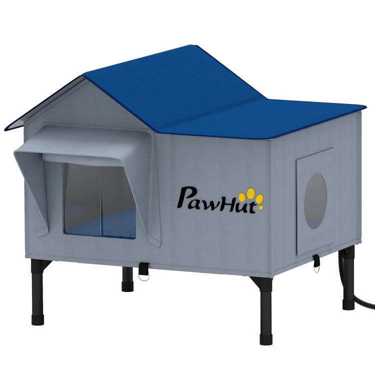 Heated cat house with PawHut logo, gray walls, blue roof, circular side window, legs