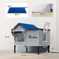 Heated cat house with blue roof panel and labeled dimensions