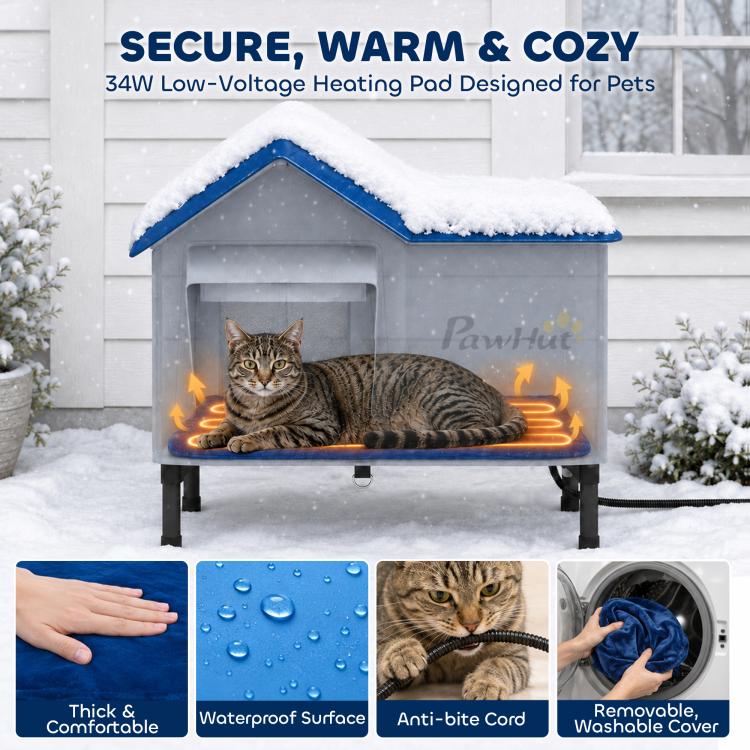 Heated cat house with blue roof and fluffy white cover, orange heat glow inside