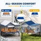 All-season heated cat house with blue roof panels and front window opening