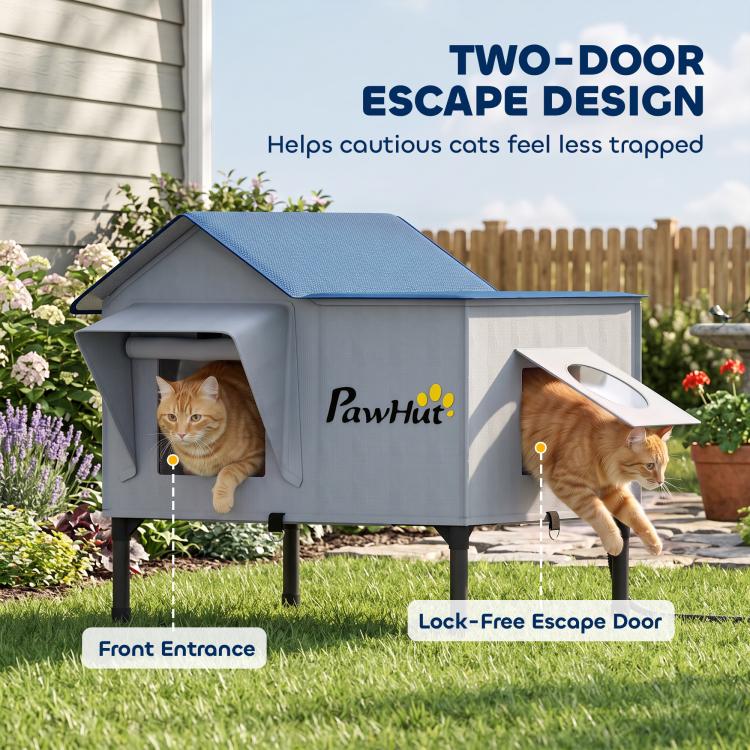 Heated cat house with two-door escape design, front entrance and lock-free side door