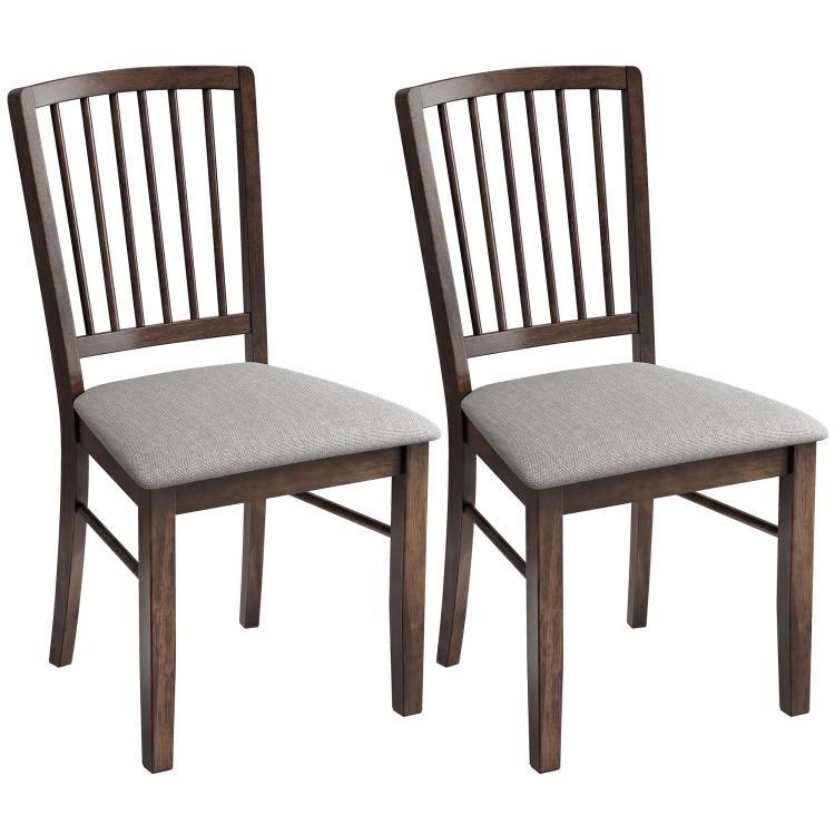 Upholstered dining chairs set of 2 with gray seat cushions and dark brown slatted backs