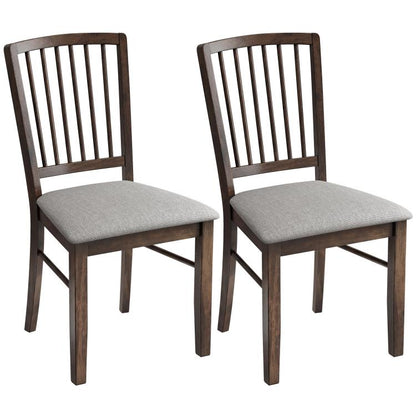 Upholstered dining chairs set of 2 with gray seat cushions and dark brown slatted backs