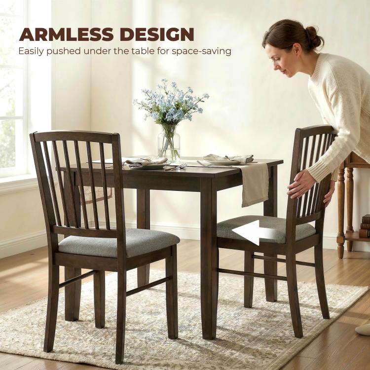Armless dining chairs set of 2 with gray cushions and dark brown wooden frames