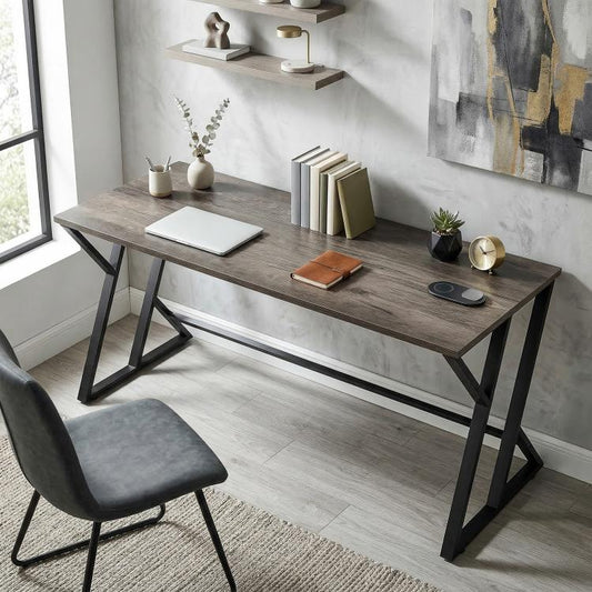 Gray distressed desk with black metal Z-legs, wide surface for home office