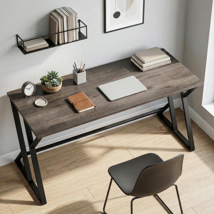 Industrial gray writing desk with black Z-shaped supports and spacious tabletop