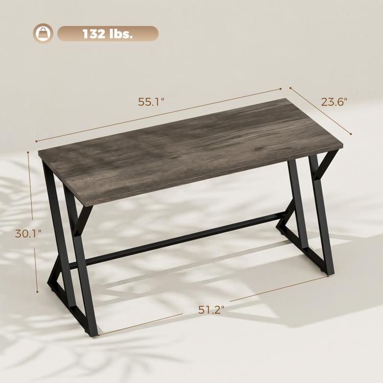 55-inch distressed gray desk with black Z-shaped metal legs and thick tabletop