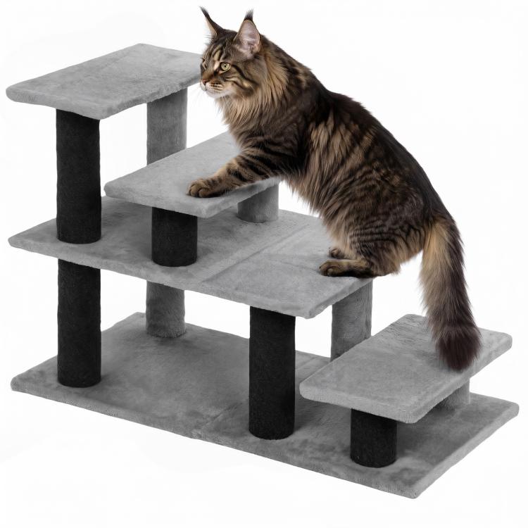 Gray plush pet stairs with four steps and chunky cylindrical posts