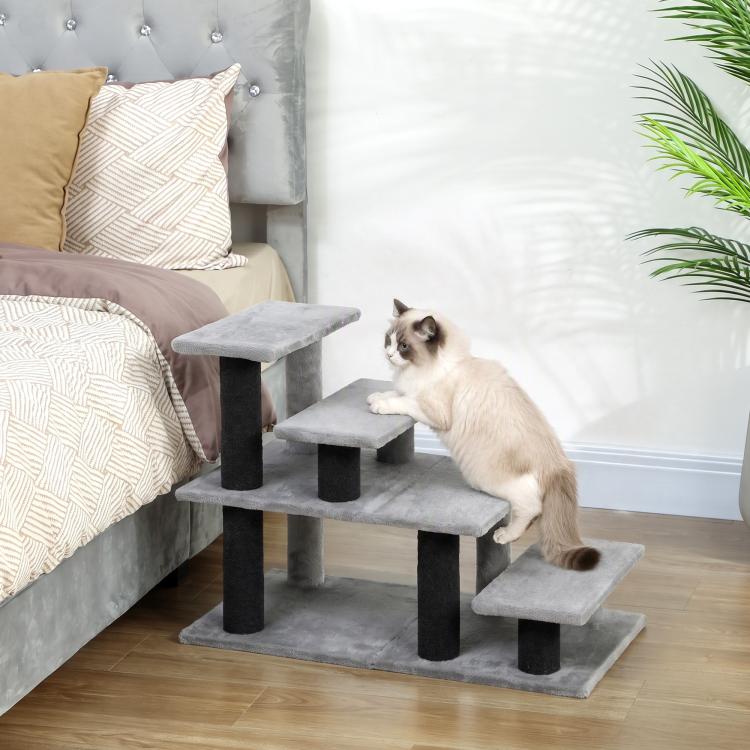 Gray plush pet stairs with four steps and wide platforms, white cat on top step