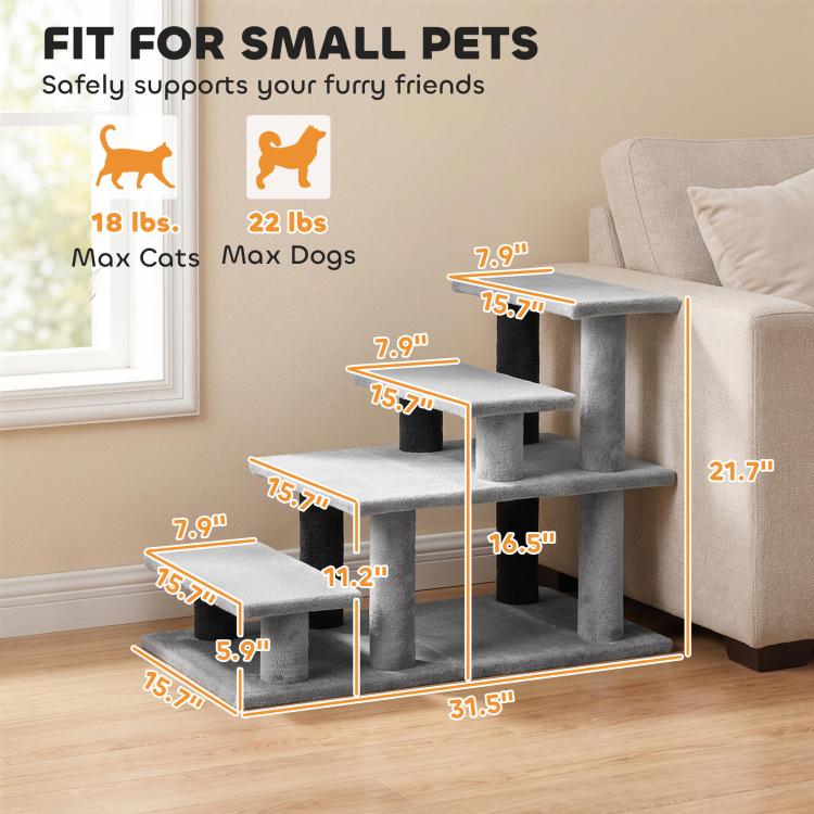 Gray adjustable pet stairs with multiple step heights layout diagram