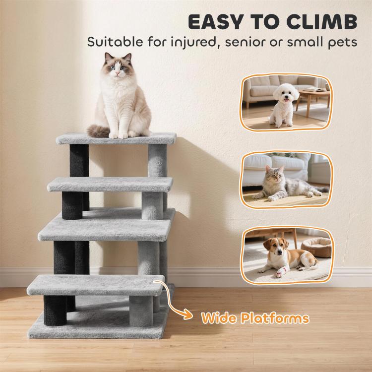 Gray pet stairs with wide platforms for easy climbing, cat on stacked steps
