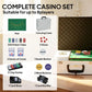 Complete poker casino set contents: aluminum carrying case, chips, card shuffler, and dice
