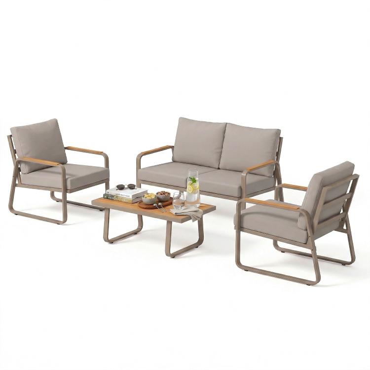 Outdoor patio furniture set featuring a loveseat, 2 armchairs, and a square coffee table