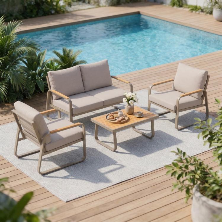 Outdoor patio furniture set with loveseat, 2 armchairs, coffee table, and beige cushions